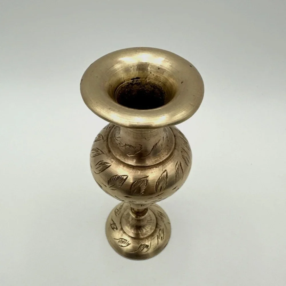 Vintage Brass Bud Vase Pedestal Base Etched Floral Leaf Boho Accent Decor 5